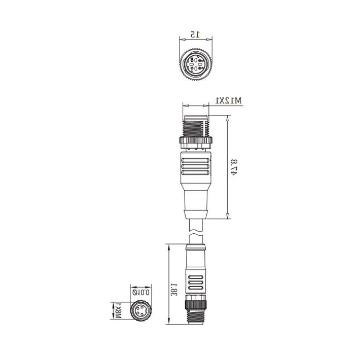 M8公头直型4Pin转M12公头直型 4Pin（D-coded)、双端预铸PUR柔性电缆、带屏蔽、绿色护套、0C3063-XXX